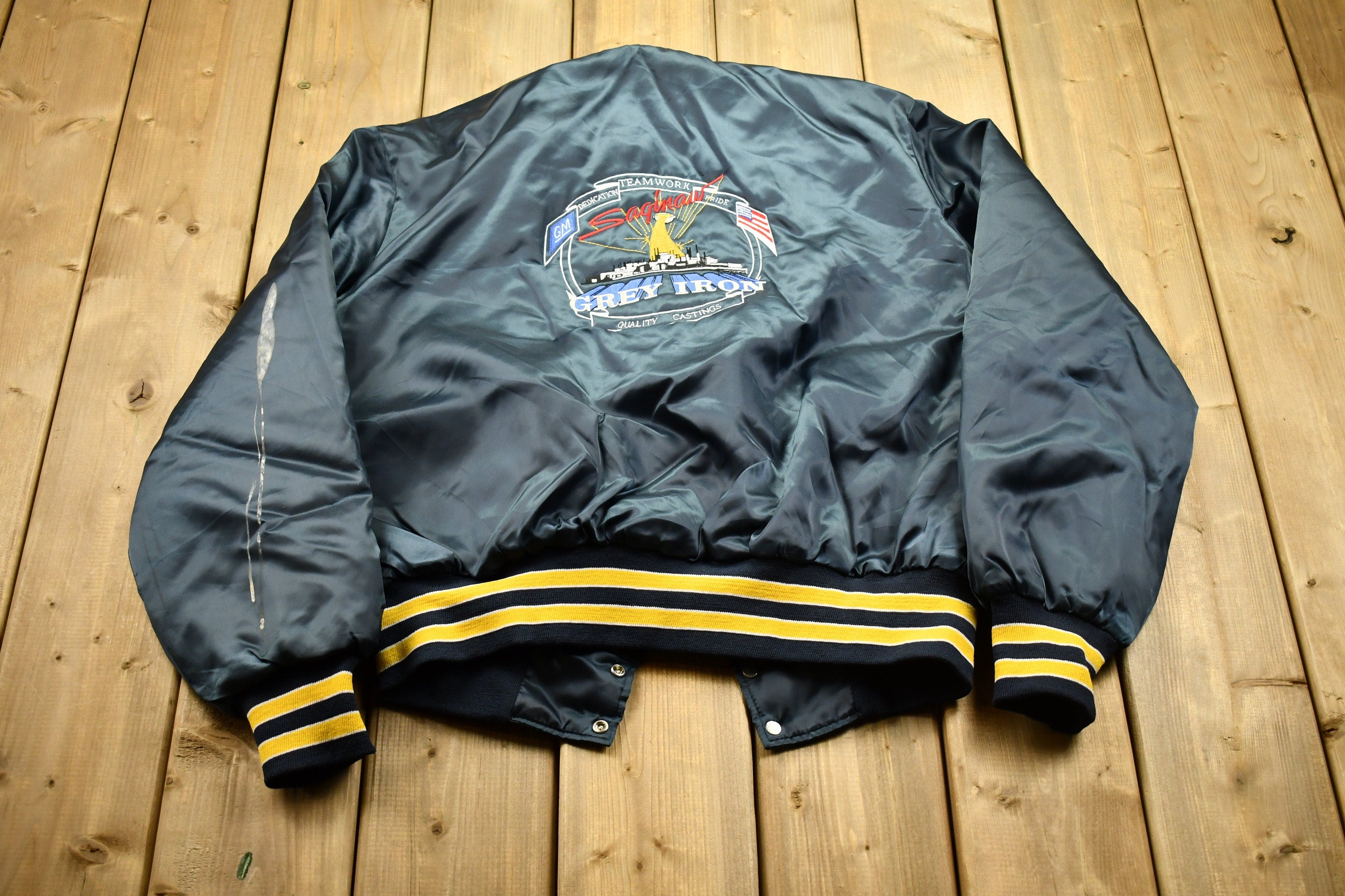 Vintage 1990s Grey Iron Holloway Satin Bomber Jacket