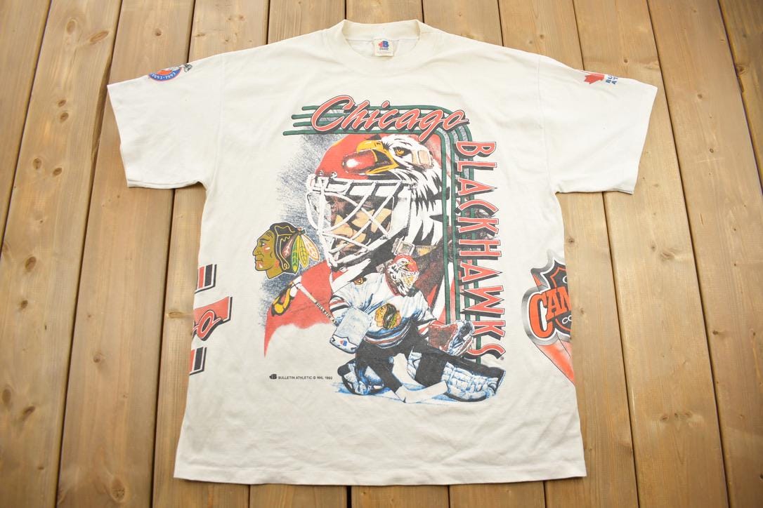 Vintage 1992 Chicago Blackhawks NHL All Over Print Graphic T-Shirt
