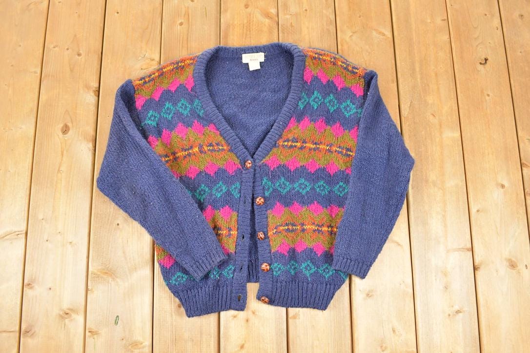 Vintage 1980s Victoria Jones Petites Abstract Knit Cardigan Sweater Women's S / Preppy Knit Cardigan / Fancy Knit Vintage Cardigan