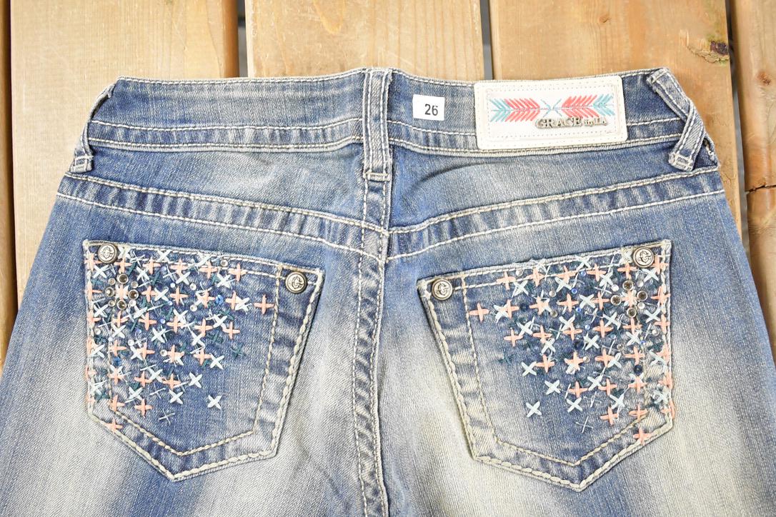 Vintage Deadstock Y2K Grace In LA Bedazzled Bootcut Low Rise Jeans Women's Size 26 x 32