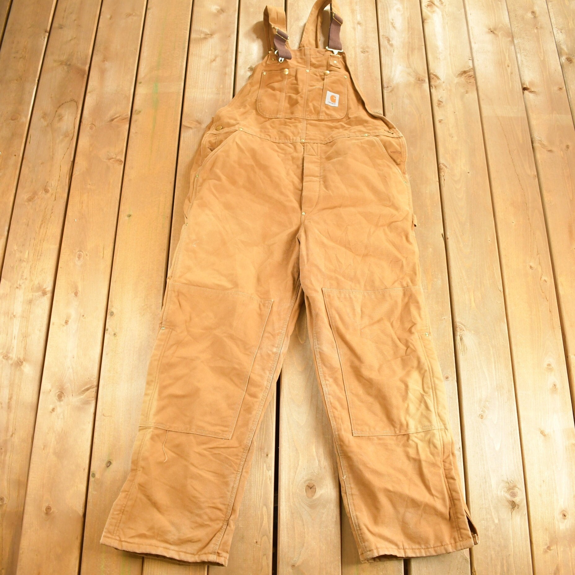 Vintage 1990s Carhartt Quilted Lined Double Knee Canvas Zip Overalls Size 42 x 30