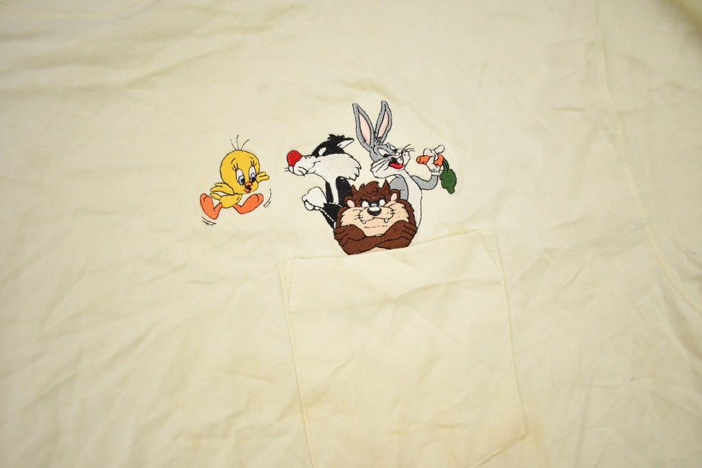 Vintage 1990s Looney Tunes Embroidered Mock Neck Pocket Shirt / Vintage Sweatshirt / Warner Bros / Cartoon Sweater / Cartoon