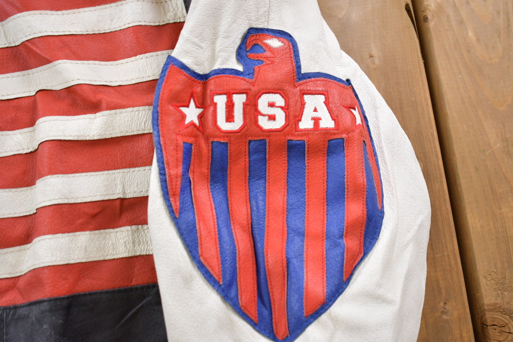 Vintage 1990s Michael Hoban USA American Flag Leather Biker Jacket