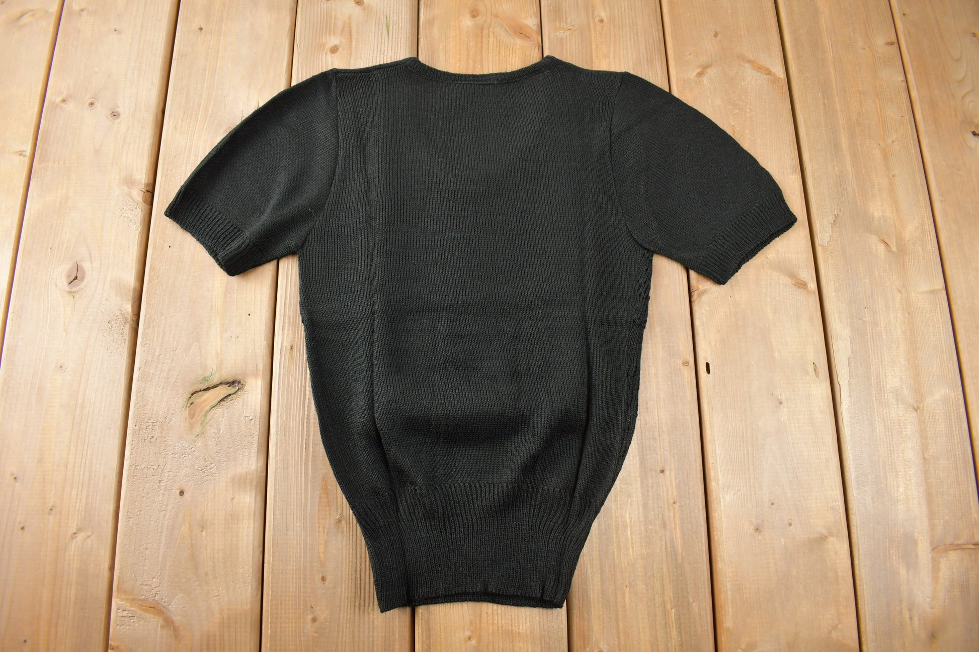 True Vintage 1960s Deadstock Miss Scotch English Short Sleeve Black Knit Acrylic Sweater