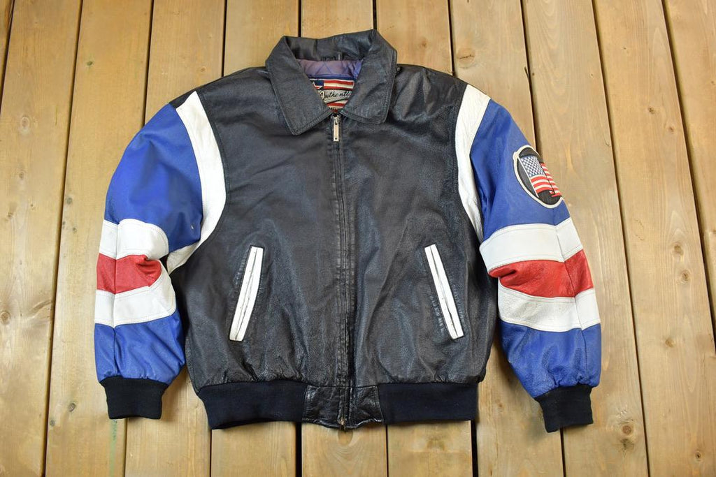 Vintage 1990s Michael Hoban American Flag Leather Patch AOP Jacket Made In USA