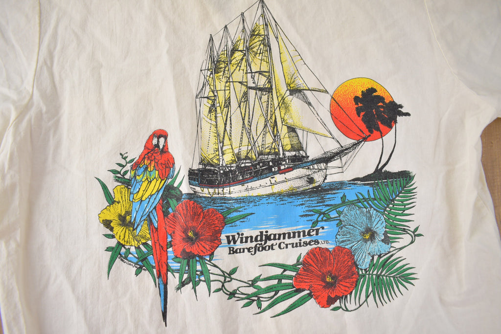 Vintage 1980s Windjammer Barefoot Cruises Button Up Vacation Shirt Made in USA