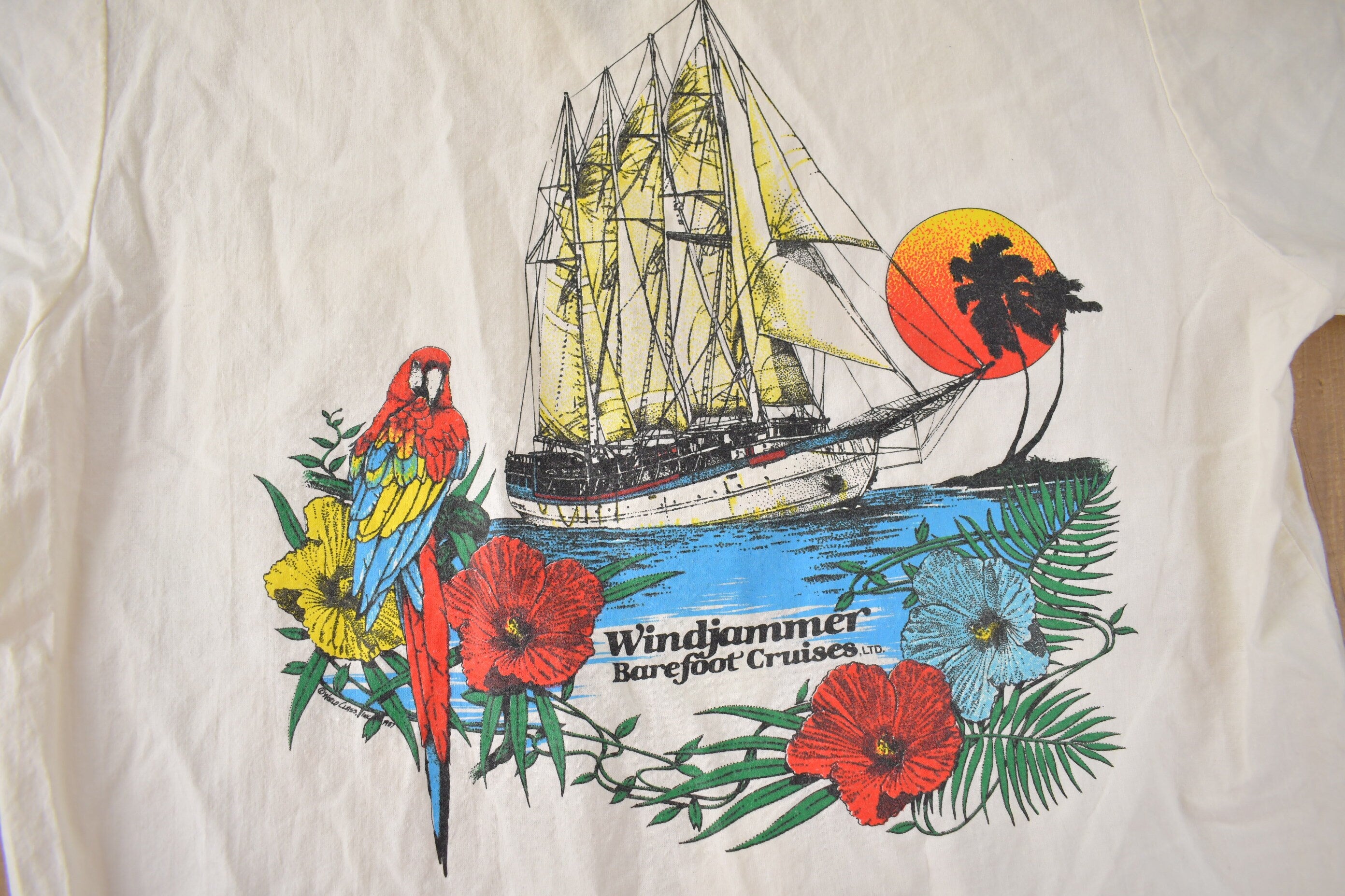 Vintage 1980s Windjammer Barefoot Cruises Button Up Vacation Shirt Made in USA