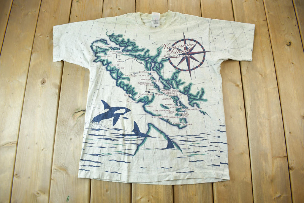 Vintage 1991 Vancouver Island All Over Print Map Graphic T Shirt