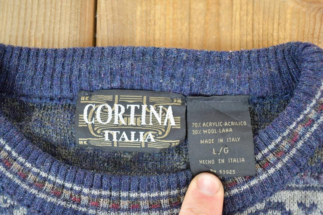 Vintage 1990s Cortina Italia Wool Blend Knit Abstract Pattern Crewneck Sweater Made In Italy
