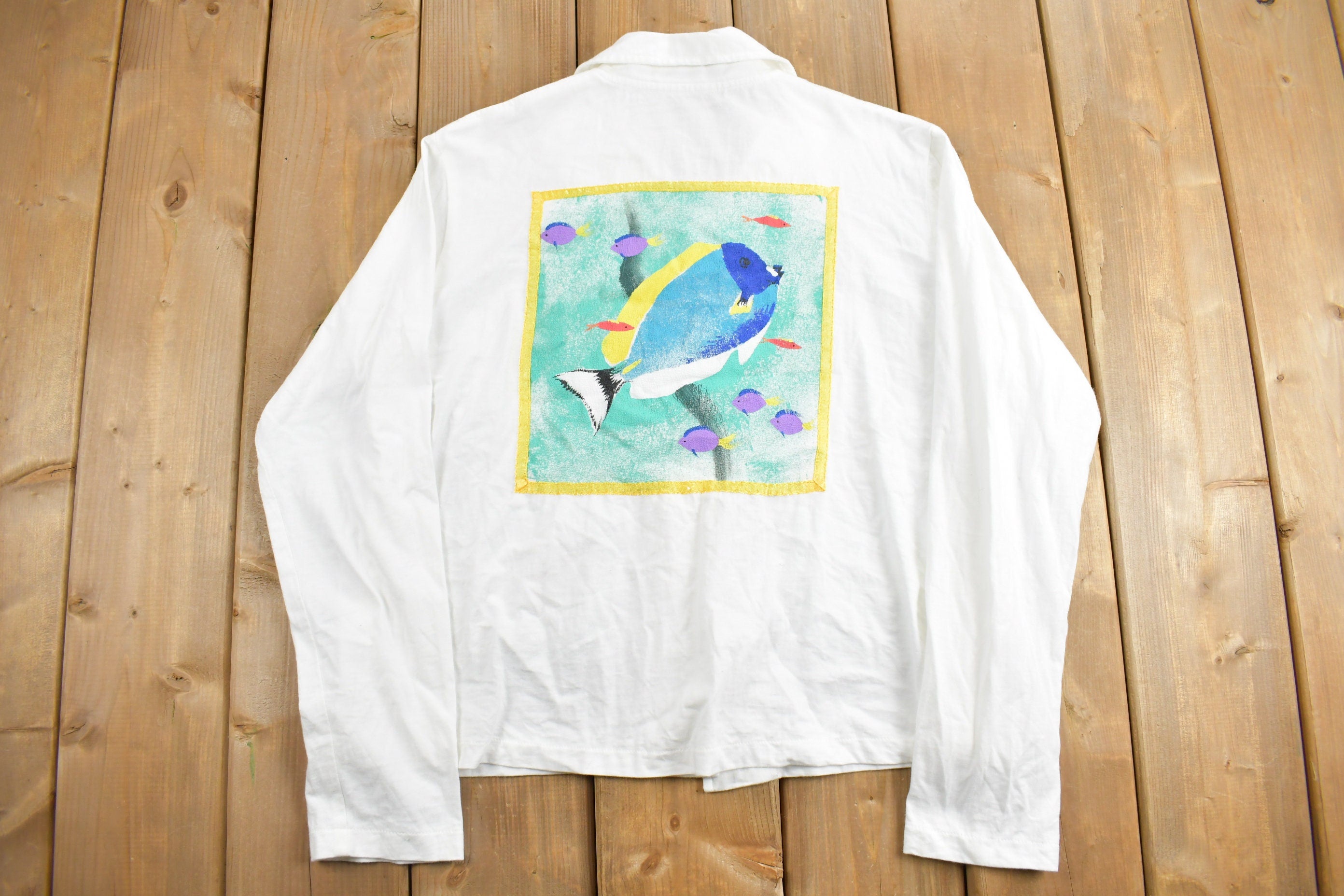 Vintage 1990s Kolorway USA Fish Theme Painted Button Up Shirt Cardigan / 1990s Button Up / Vintage Flannel / Basic Button Up