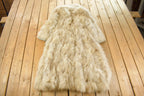 Vintage 1970s Beth Glaser Embroidered Full Length White Fox Fur Coat Women's Large
