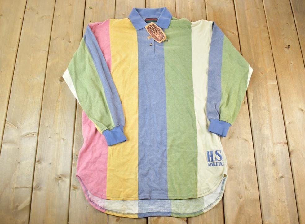 Vintage 1990s Deadstock HS Athletic Striped Long Fit Embroidered Button Up Shirt