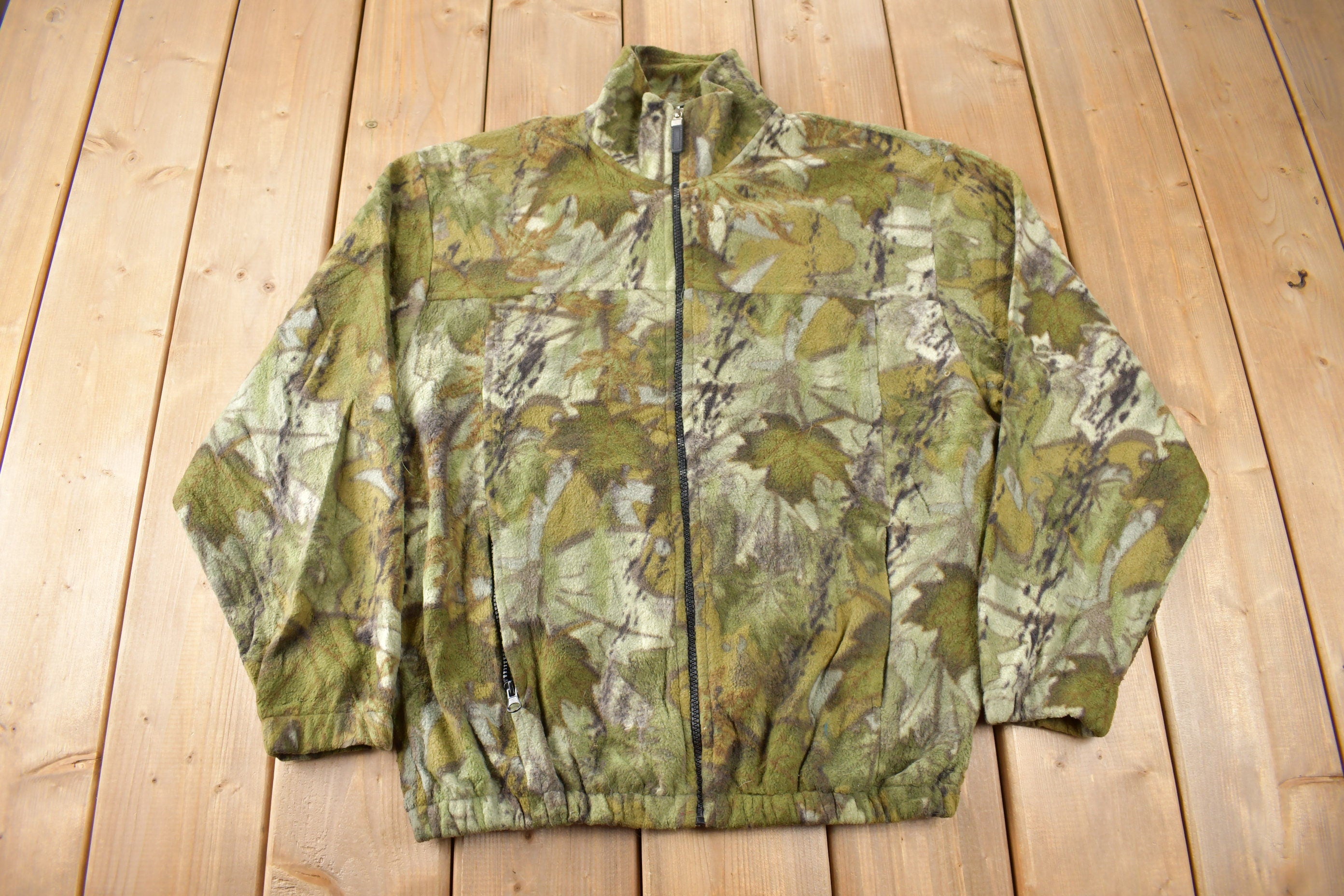 Vintage 1990s Destination Tree Camo Zip Up Fleece Sweater Size M