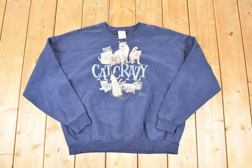 Vintage 1990s Cute Cat Crazy Graphic Print Crewneck Sweatshirt Men's XL / Made In USA / 90s Cartoon Kitty Sweater