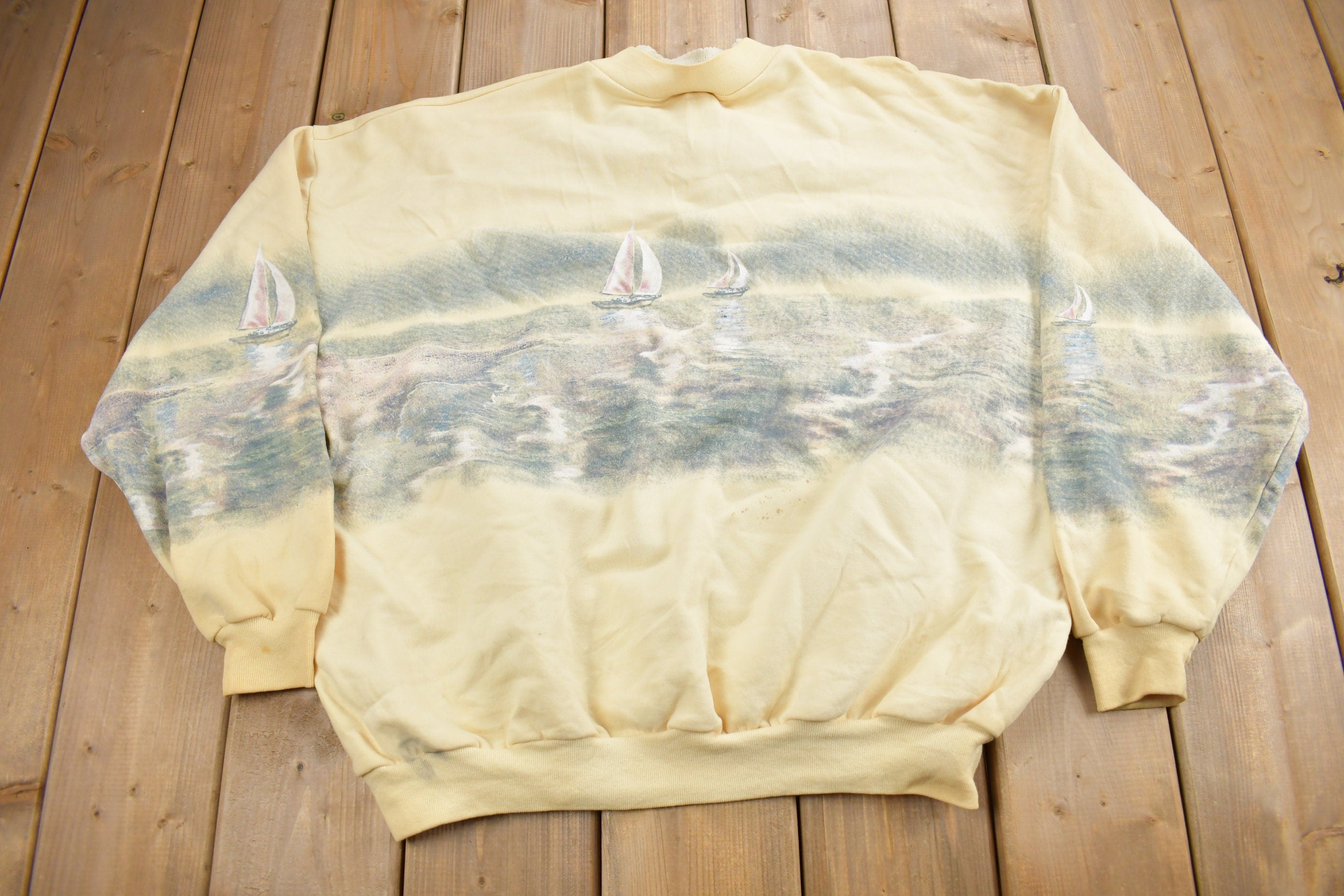 Vintage 1990s Beach Theme All Over Print Henley Sweater