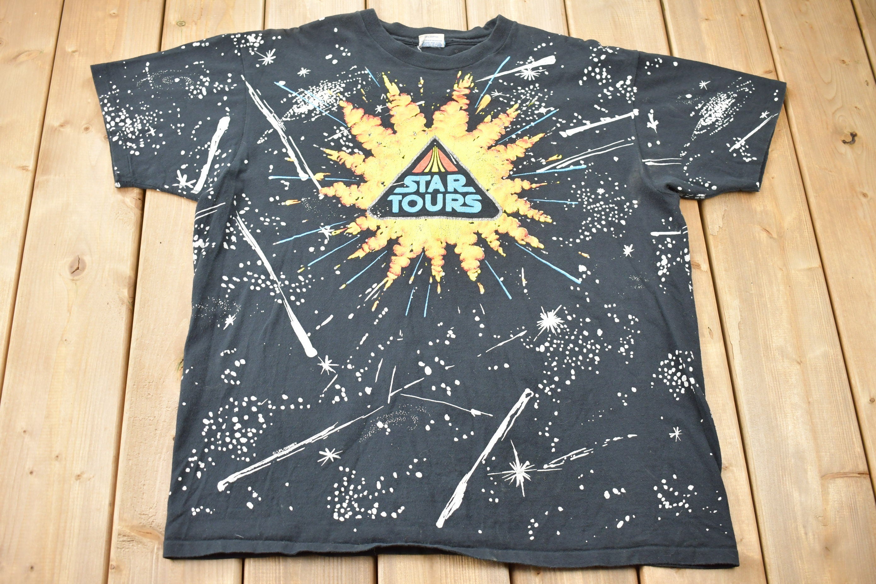 Vintage 1990s Star Wars Star Tours Disney All Over Print Graphic T-shirt