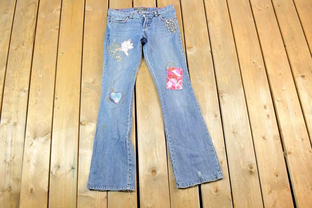 Vintage 1990s Switch USA Patched Denim Bell Bottoms Jeans Size 30 x 32