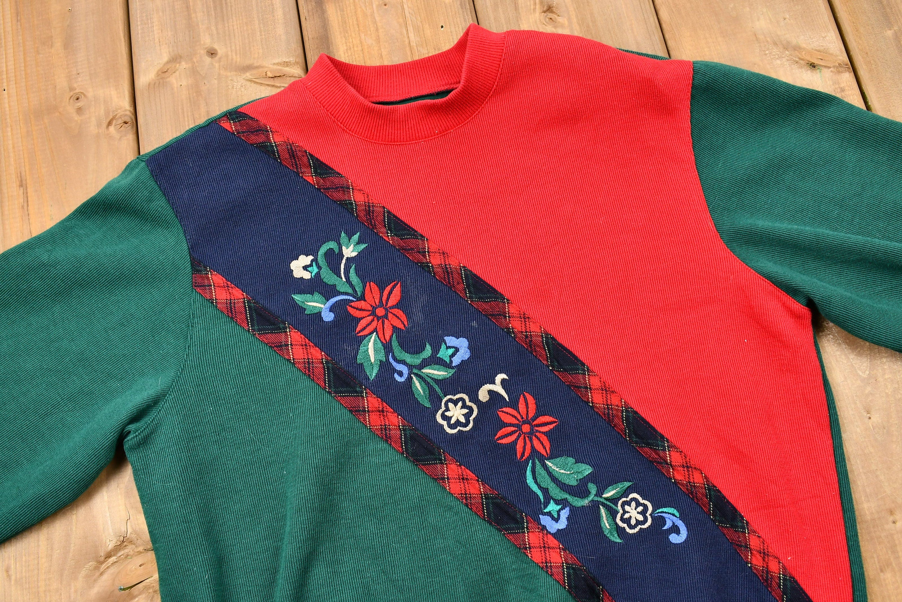 Vintage 1990s Color-Block Floral Knit Sweater