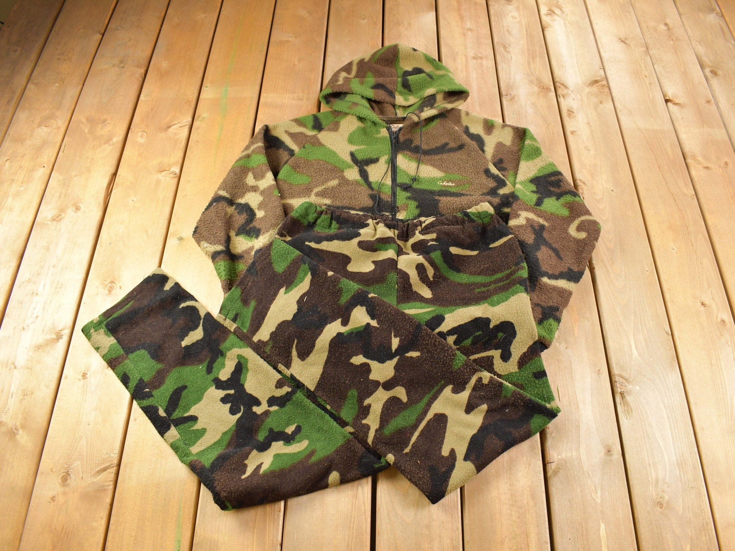 Vintage 1990s Woodland Camo Cabela's Fleece Hoodie & Pants Size Medium