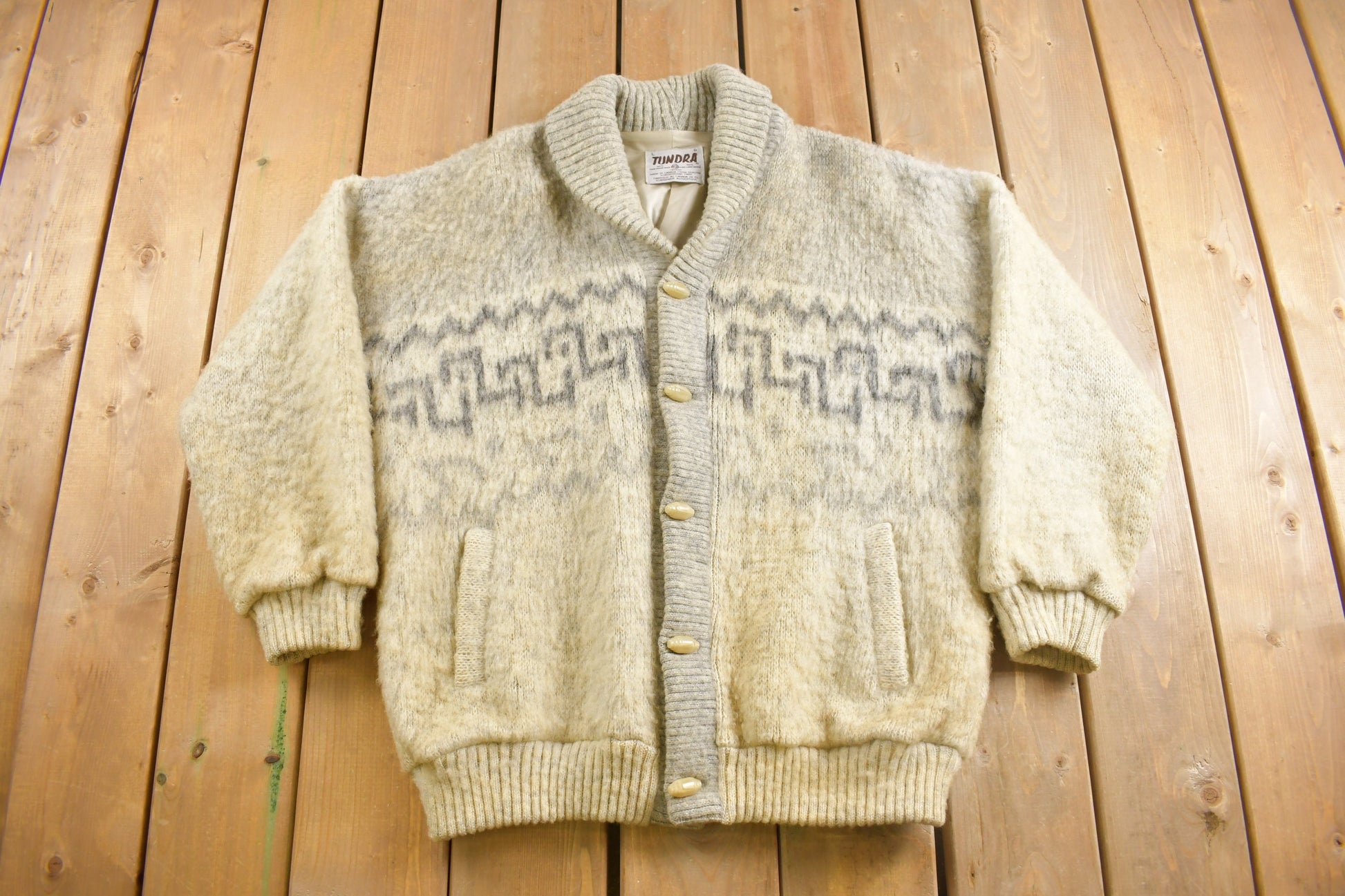 Vintage 1970s Tundra 100% Wool Knit Shawl Collar Jacket