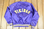 Vintage 1980s Minnesota Vikings Team NFL Football Chalk Line Satin Button Up Bomber Embroidered Puffer Jacket