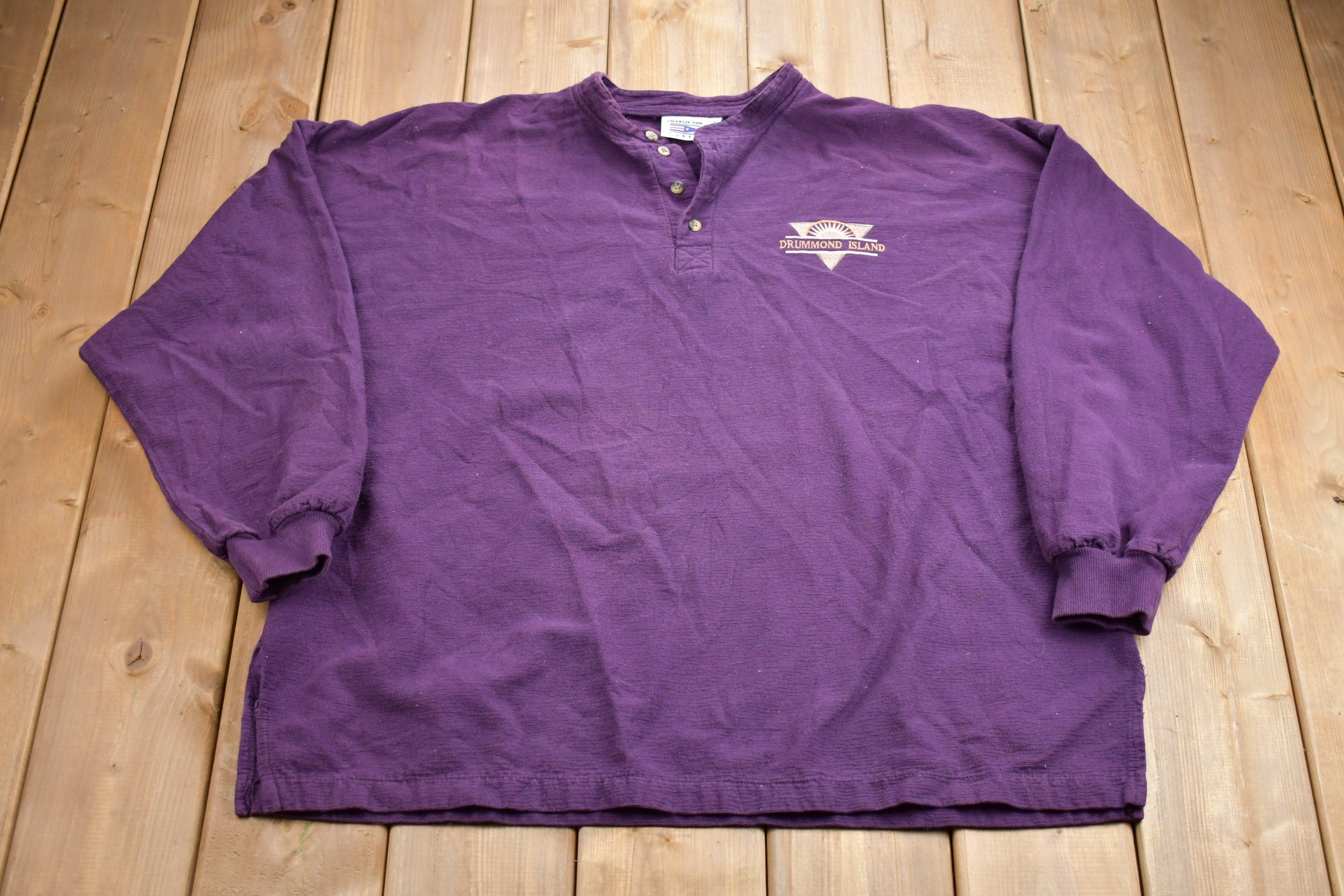 Vintage 1990s Drummond Island Embroidered Made In USA Henley Sweatshirt