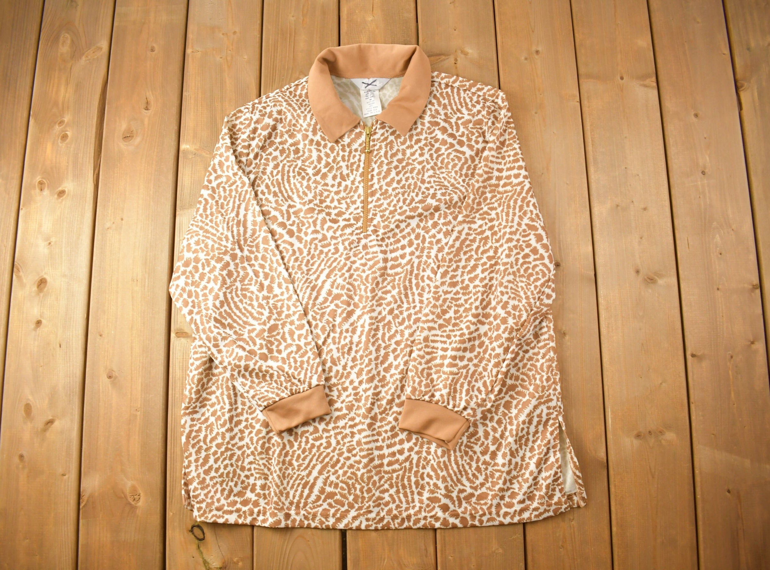 Vintage 1990s Quarter Zip Cheetah Print Long Sleeve Collard Shirt