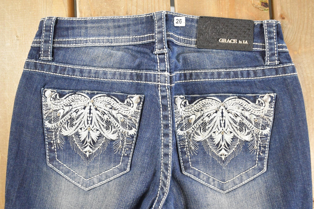 Vintage Deadstock Y2K Grace In LA Bedazzled Bootcut Low Rise Jeans Women's Size 26 x 32