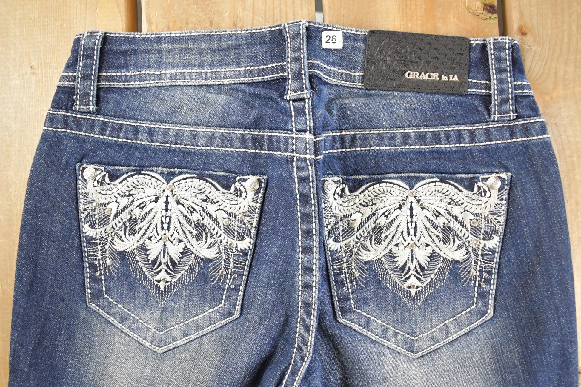 Vintage Deadstock Y2K Grace In LA Bedazzled Bootcut Low Rise Jeans Women's Size 26 x 32