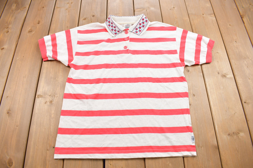 Vintage 1990s Chic Striped Collared T Shirt