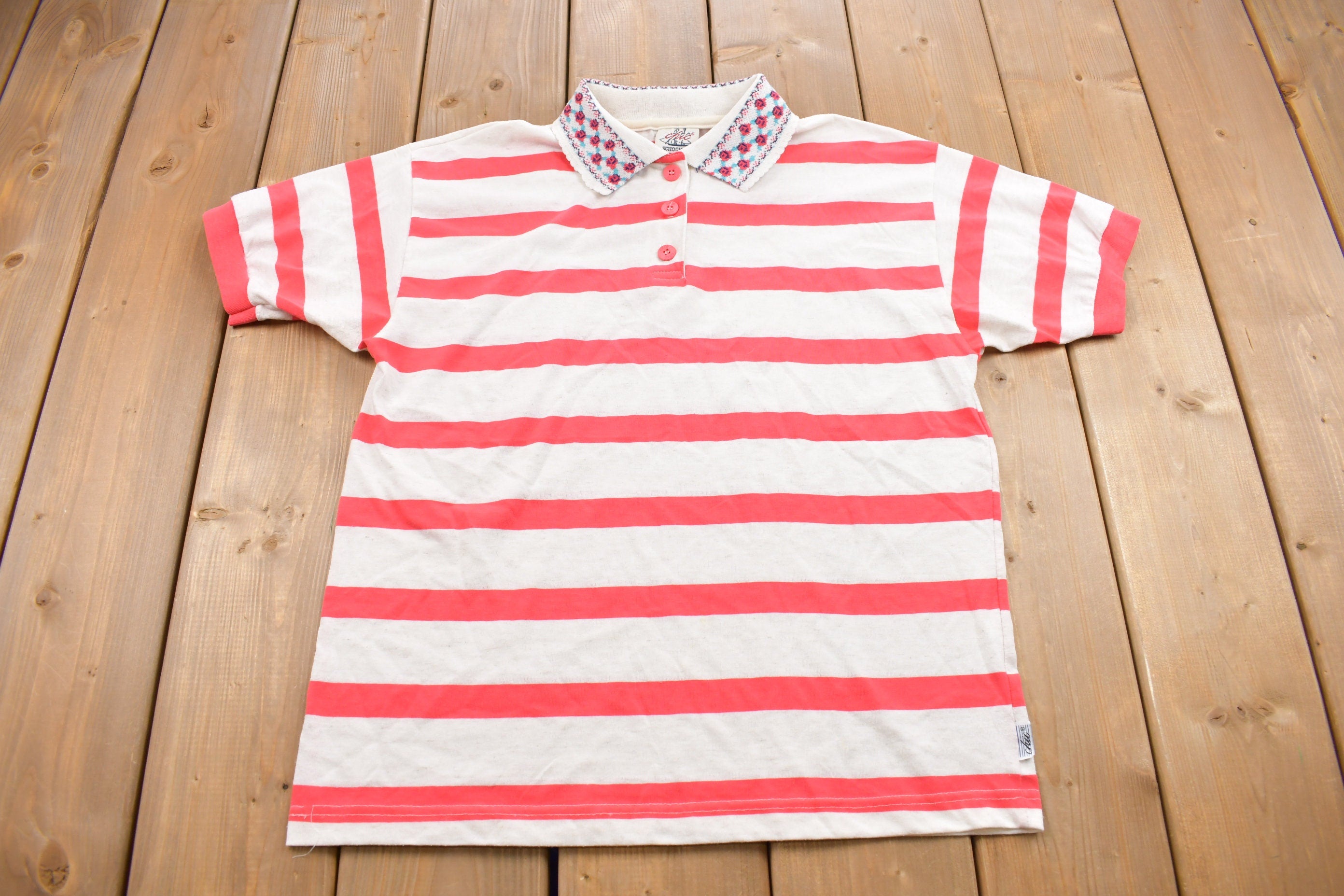 Vintage 1990s Chic Striped Collared T Shirt