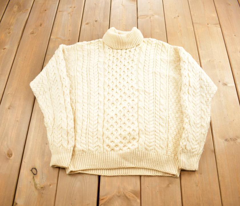 Vintage 1980s 3D Knit Merino Wool Crewneck Sweater Made In Ireland