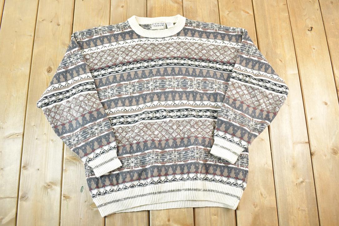 Vintage 1990s Cotton Traders Knit Abstract Pattern Crewneck Sweater Mens XL / 90s Crewneck / Preppy Knits / Wool Blend / Cotton Blend