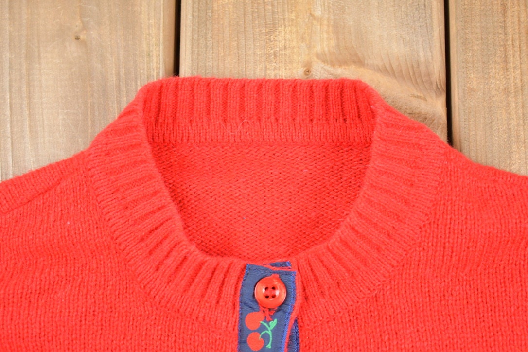 Vintage 1980s Cherry Knit Cardigan Sweater / Vintage Cardigan / Button Up / Cute Cherries / Vintage Red Cardigan