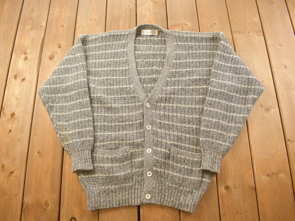 Vintage 1980s Braemar Knitted Striped Cardigan Sweater / Vintage Cardigan / Button Up / 80s / Thick