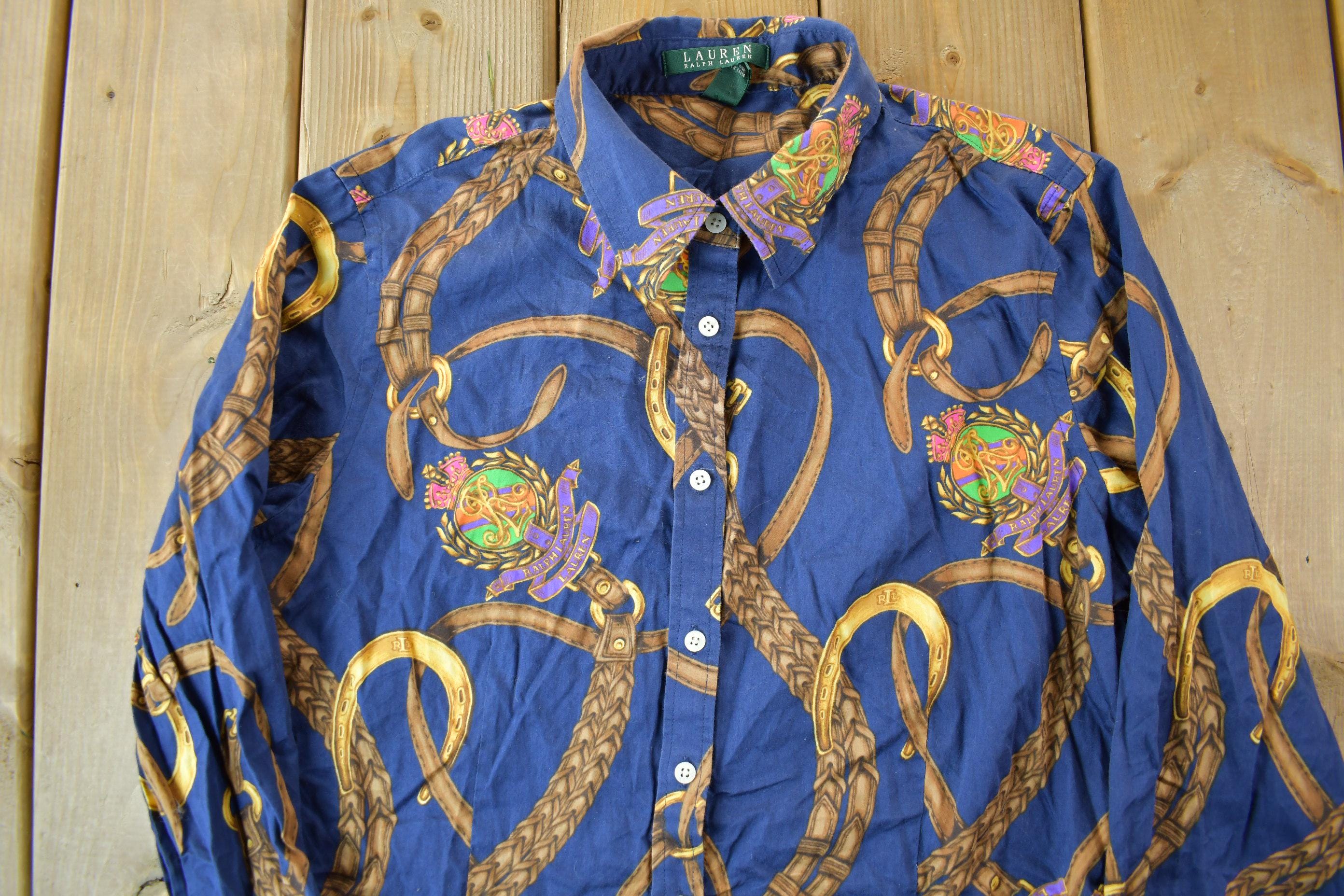 Vintage 1990s Lauren Ralph Lauren Equestrian Theme All Over Print Women's Blouse