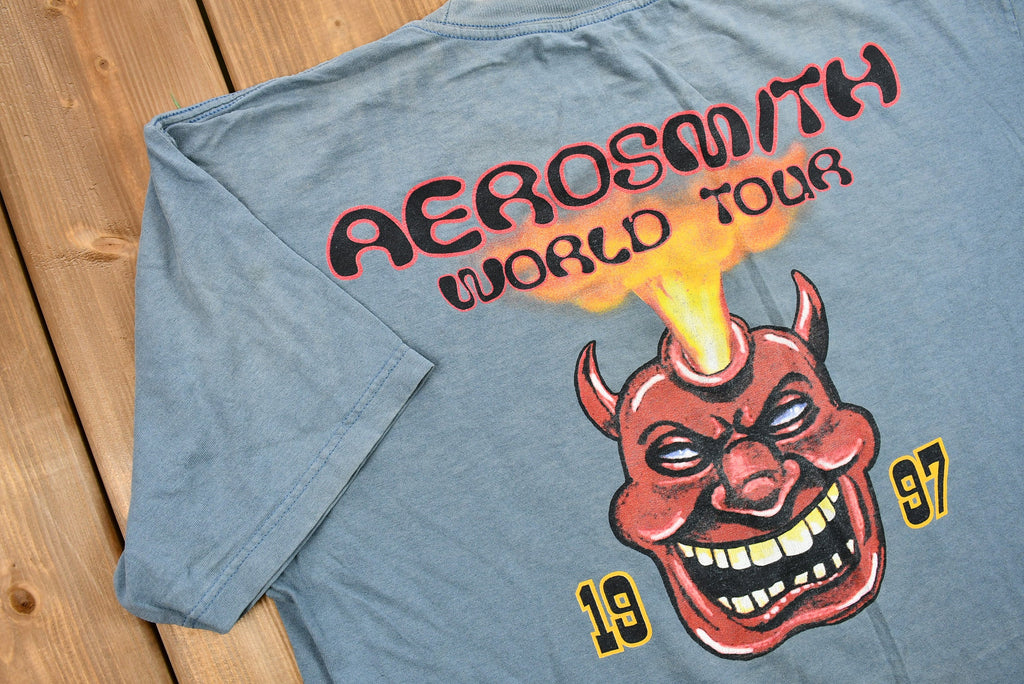 Vintage 1997 Naturally Distressed Aerosmith Nine Lives World Tour Graphic T-Shirt