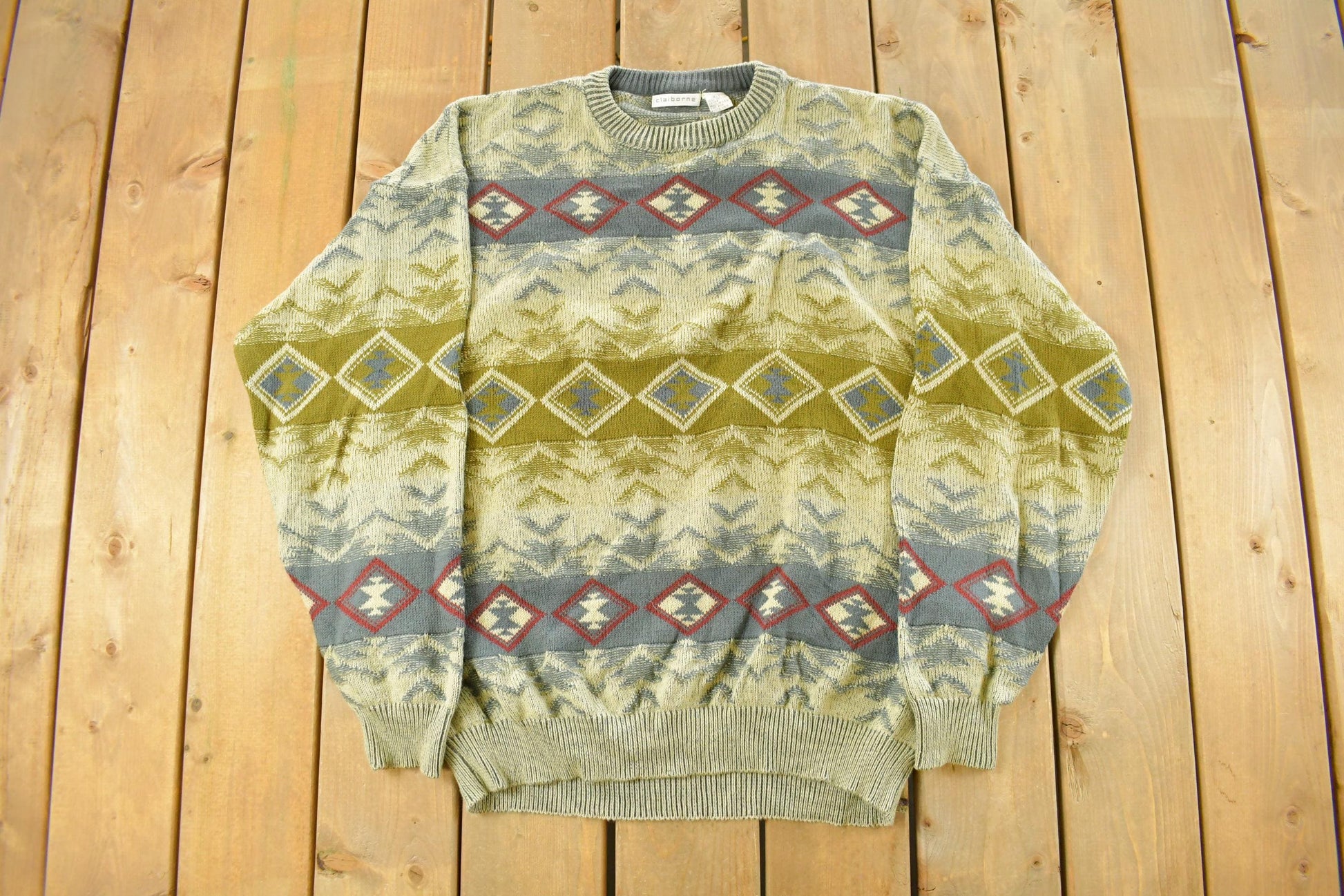 Vintage 1990s Claiborne Aztec Navajo Knit Crewneck Sweater Men's XL