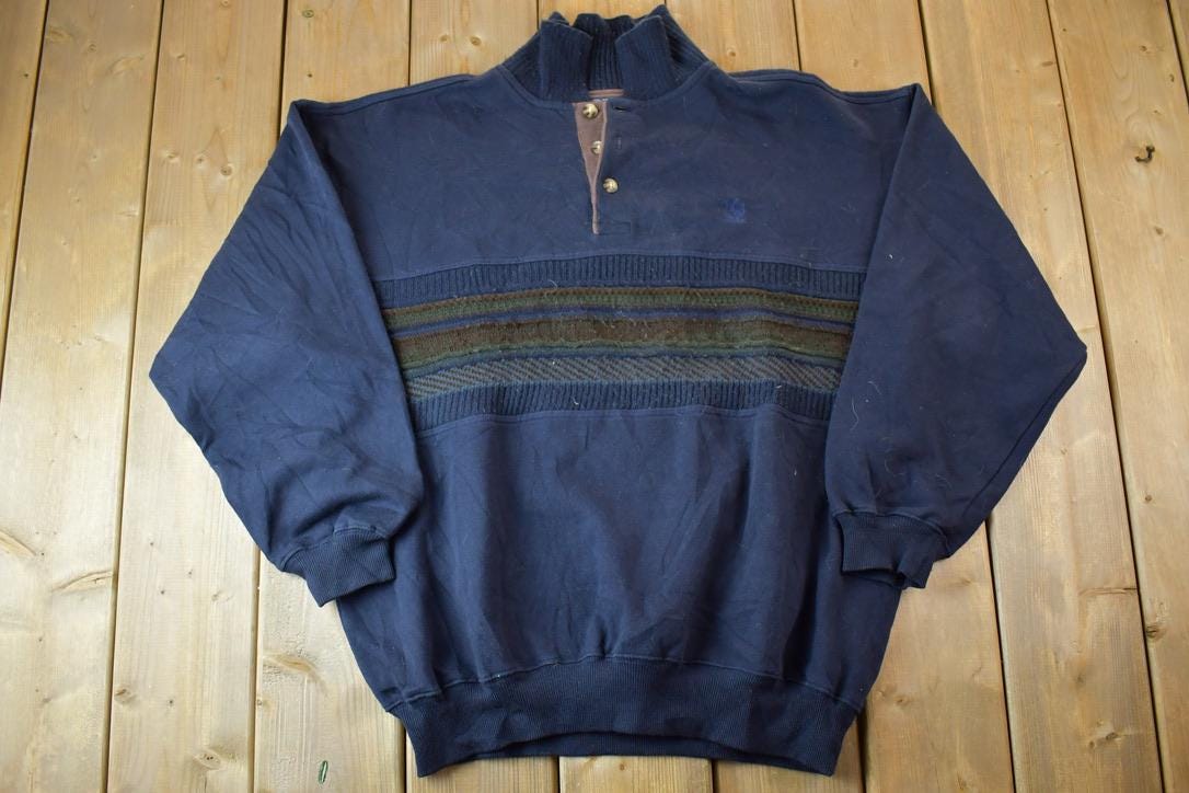 Vintage 1990s Oxford Knit Cotton Mix Quarter Button Mock Neck Sweatshirt