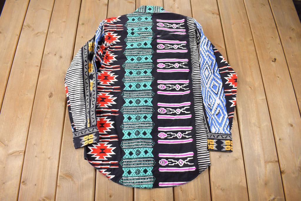 Vintage 1990s South Western All Over Print Wrangler Cowboy Cut X Long Tails Button Up Shirt