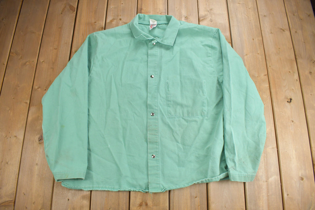 Vintage 1990s Blank Turquoise Flame Resistant Cotton Button Up Shirt