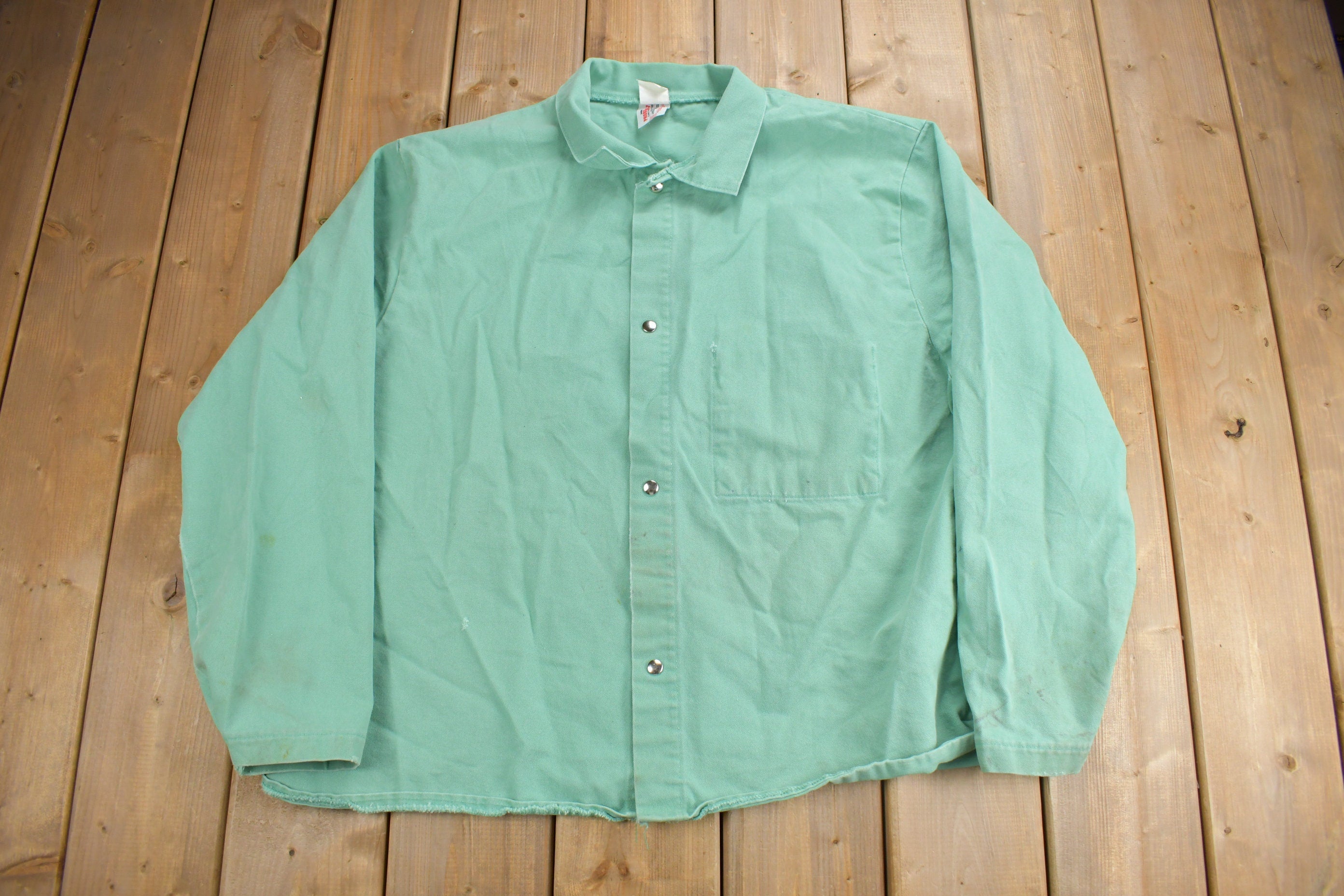 Vintage 1990s Blank Turquoise Flame Resistant Cotton Button Up Shirt