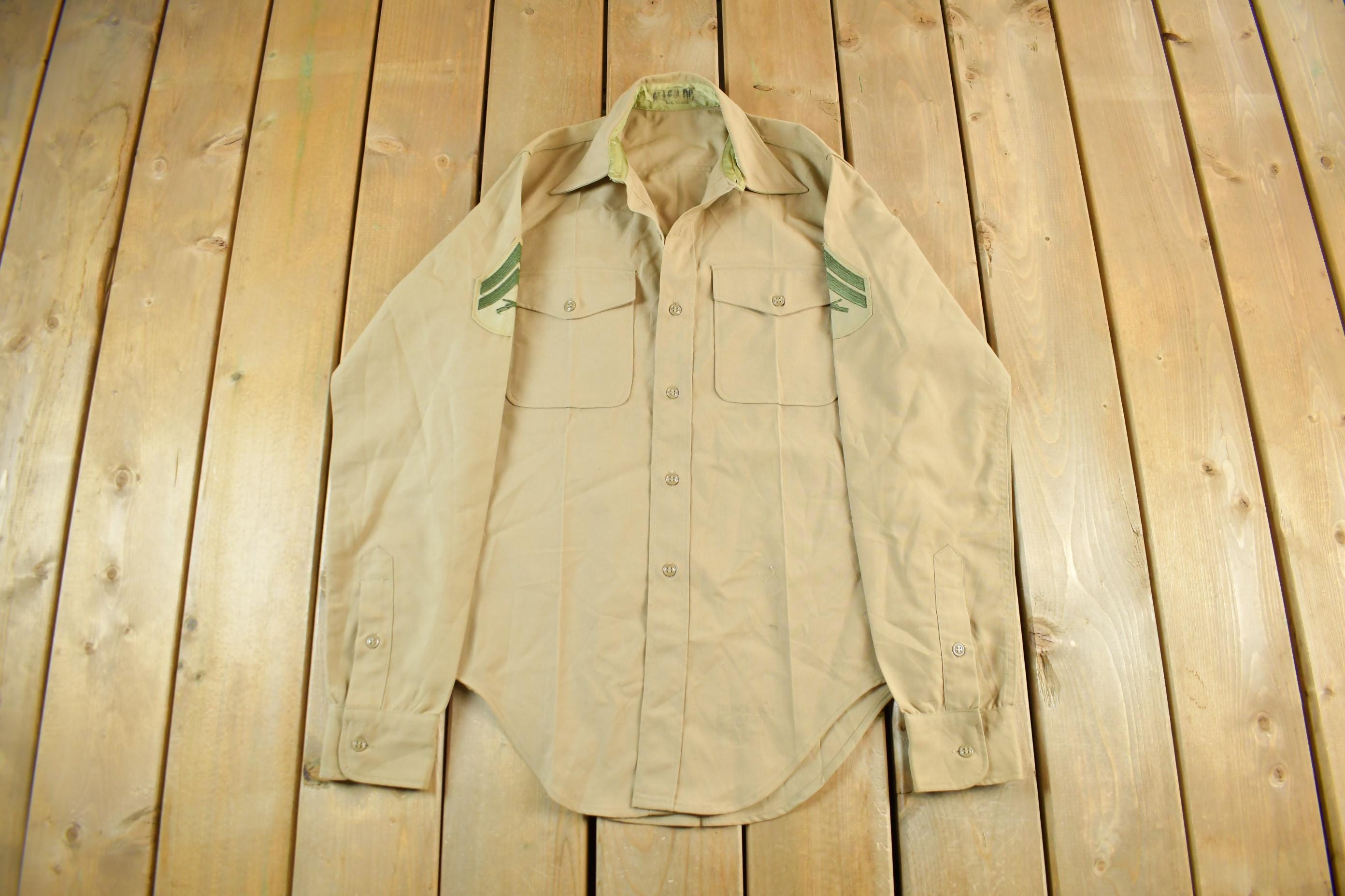 Vintage 1970s Marine Corps Military Khaki Button Up Shirt Mens Medium