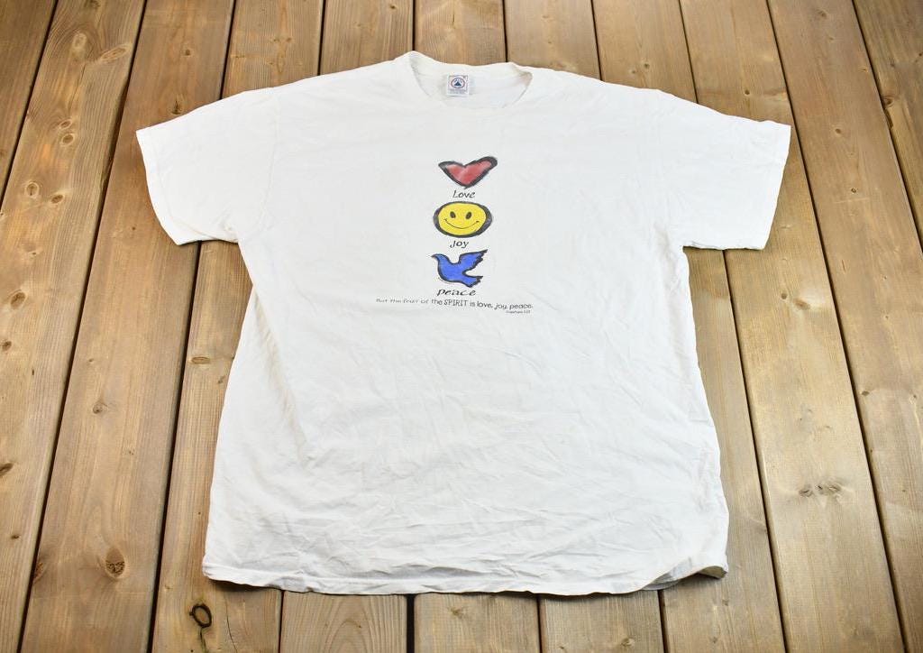 Vintage 1990s Galatians 5:22 Love Joy Peace Bible Quote Graphic T-Shirt