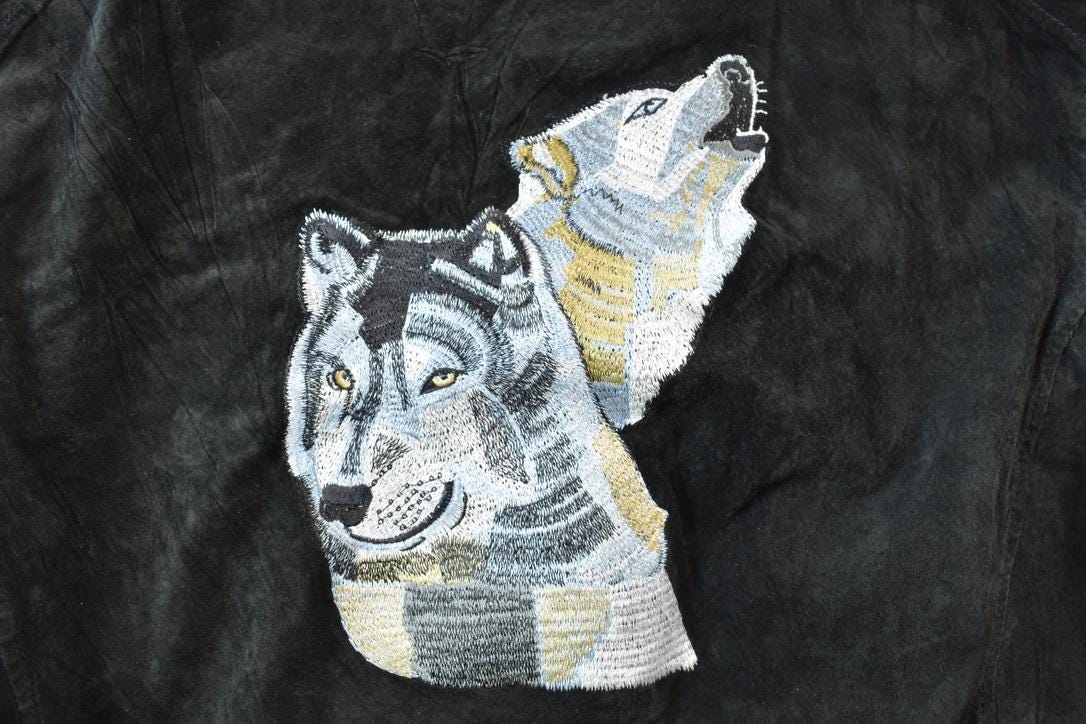 Vintage 1990s Wolf Themed Embroidered Suede Varsity Jacket