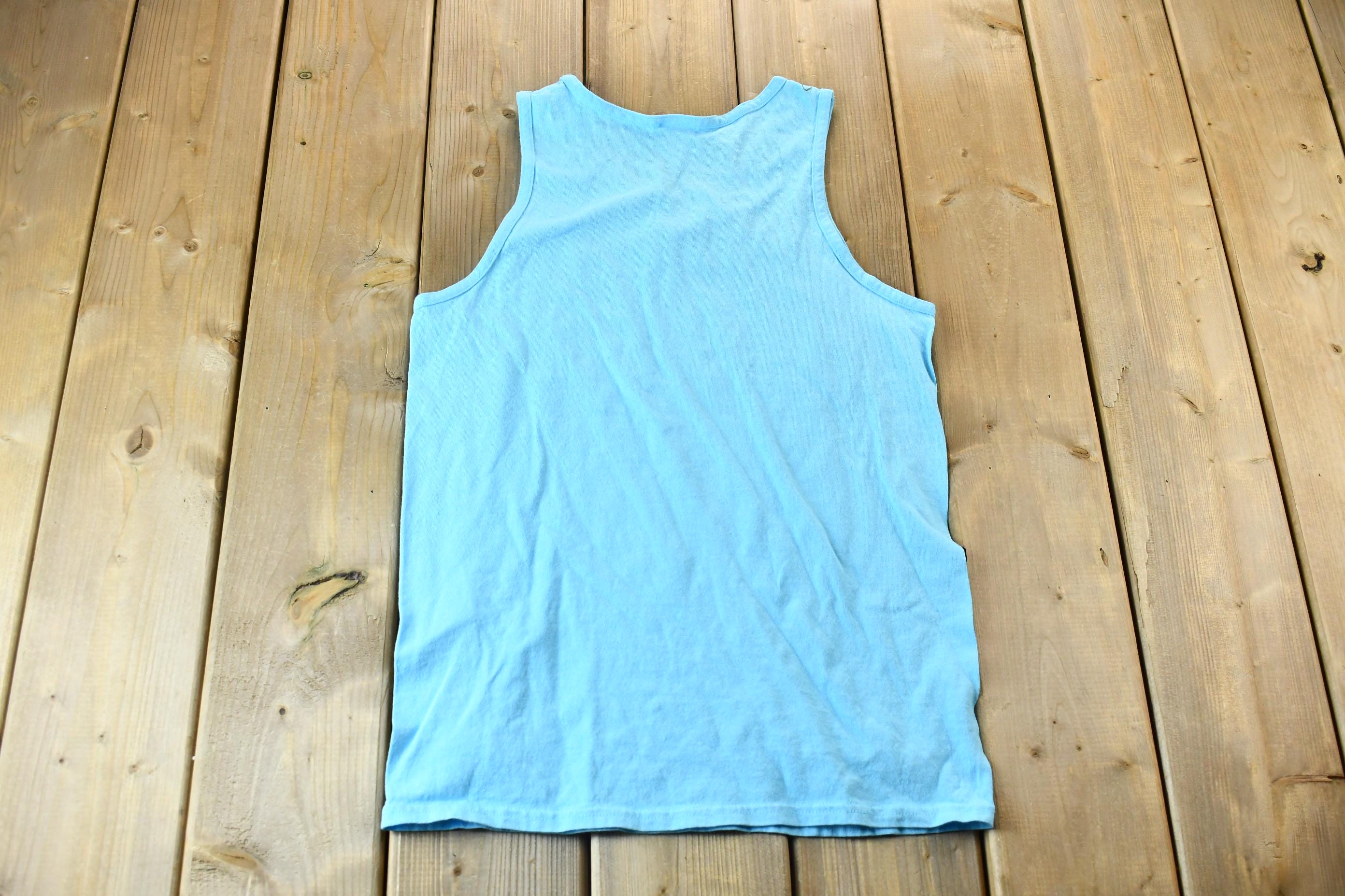 Vintage 1990s Baby Blue Quality Outdoor Wear Cayman Islands Souvenir Travel Graphic Tank Top