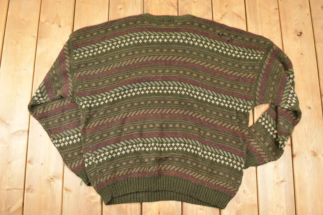 Vintage 1990s Bugle Boy Abstract Striped Knit Crewneck Sweater Men's XL