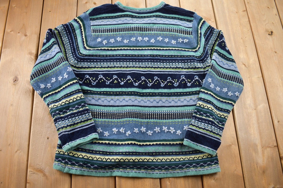 Vintage 1990s Blues Stag Knitted Patchwork Ladies Sweater