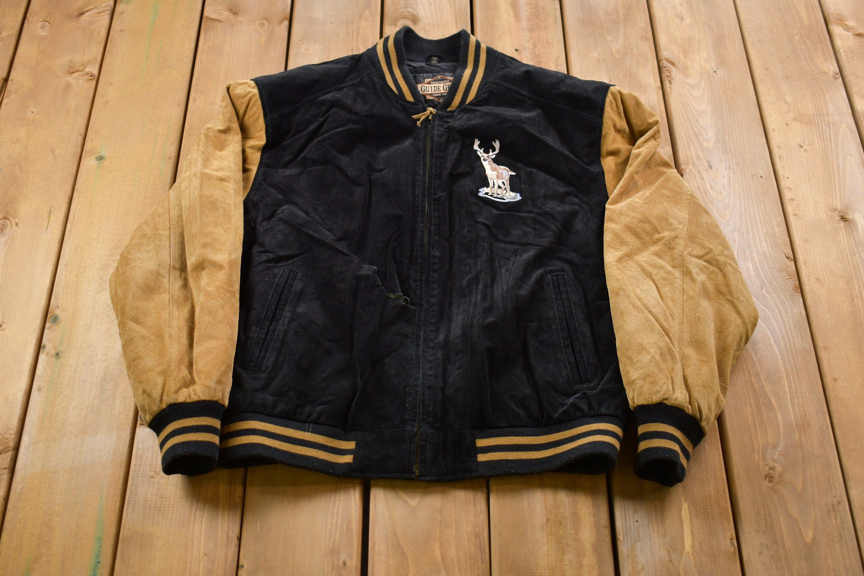 Vintage 1990s Suede Leather Embroidered Deer Bomber Jacket