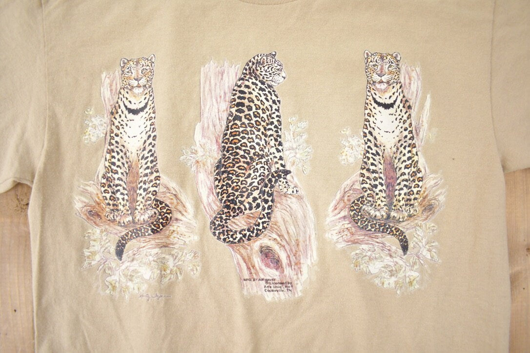 Vintage 1990s Hanes Cheetah Graphic Beige T-Shirt Made In USA Size S